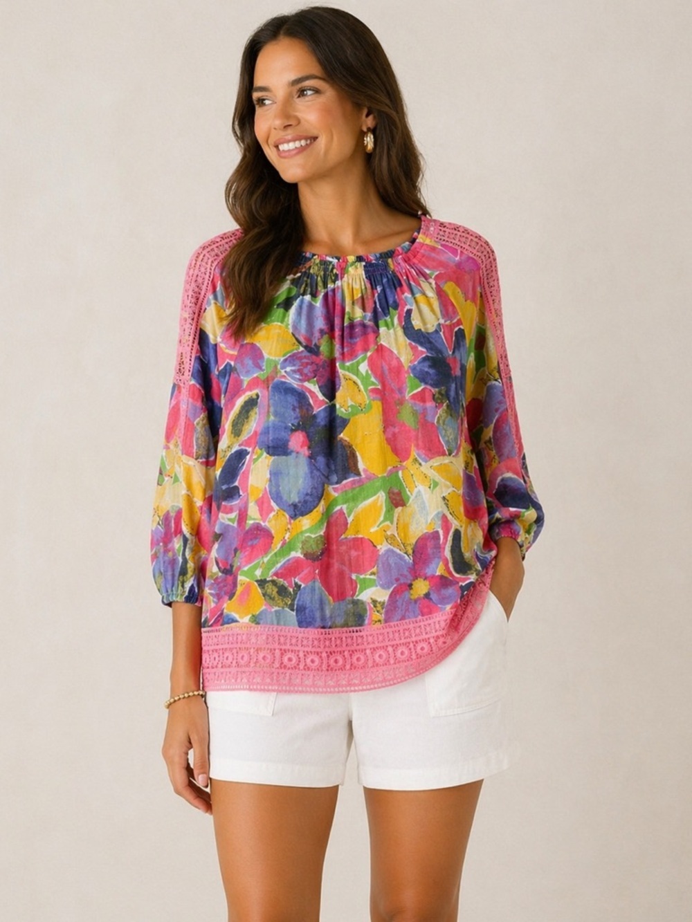 Hope & Harlow Floral Boho Blouse Small Pink Trim Peasant Top